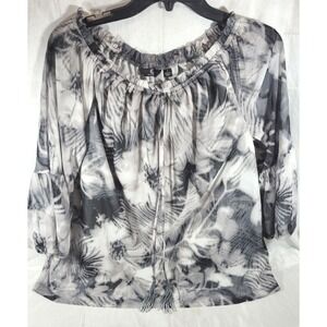 G by Giuliana Off Shoulder Printed Aria Mesh Knit Blouse Beaded Tassles - Small